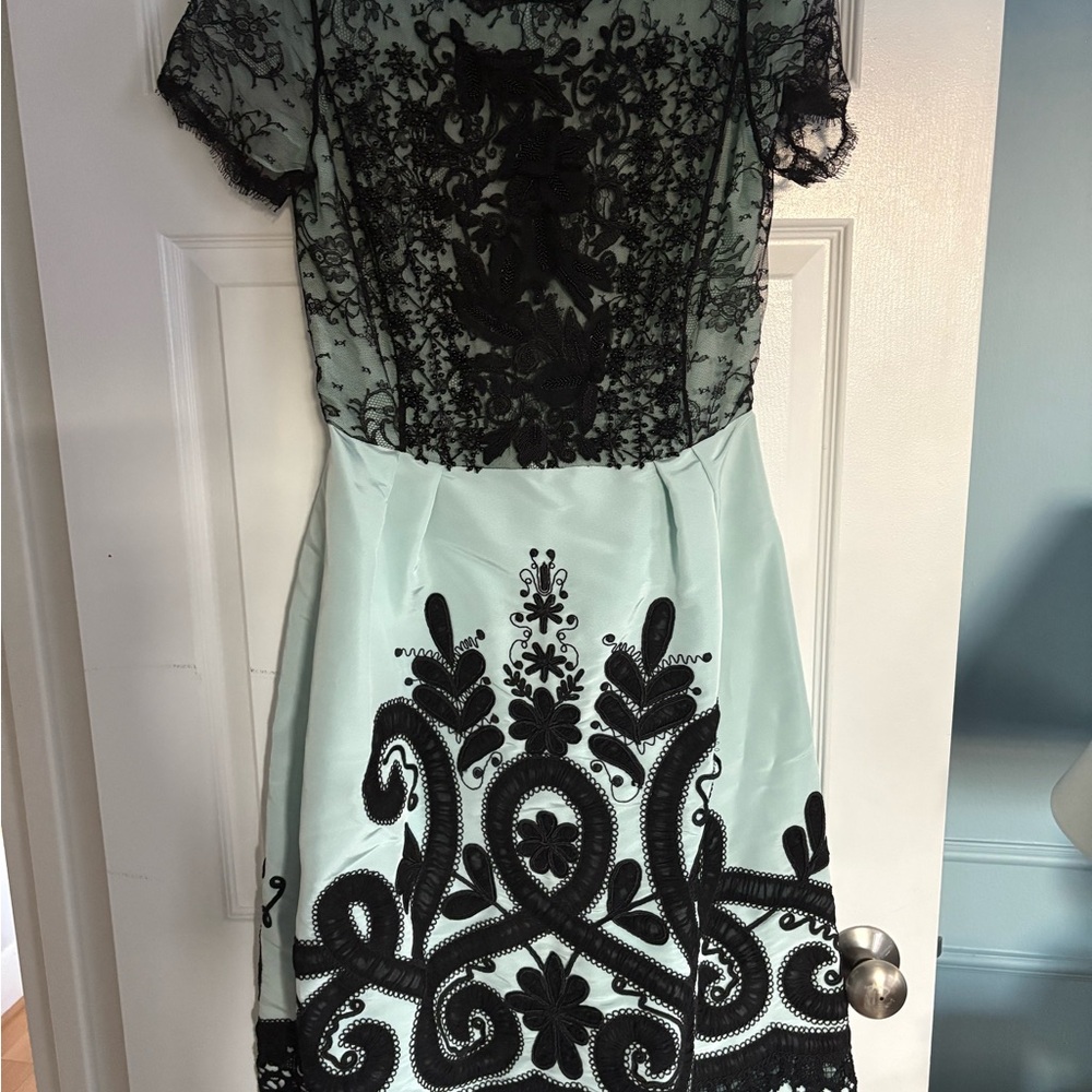 Oscar de la Renta Mint and Black Embroidered Midi Dress
